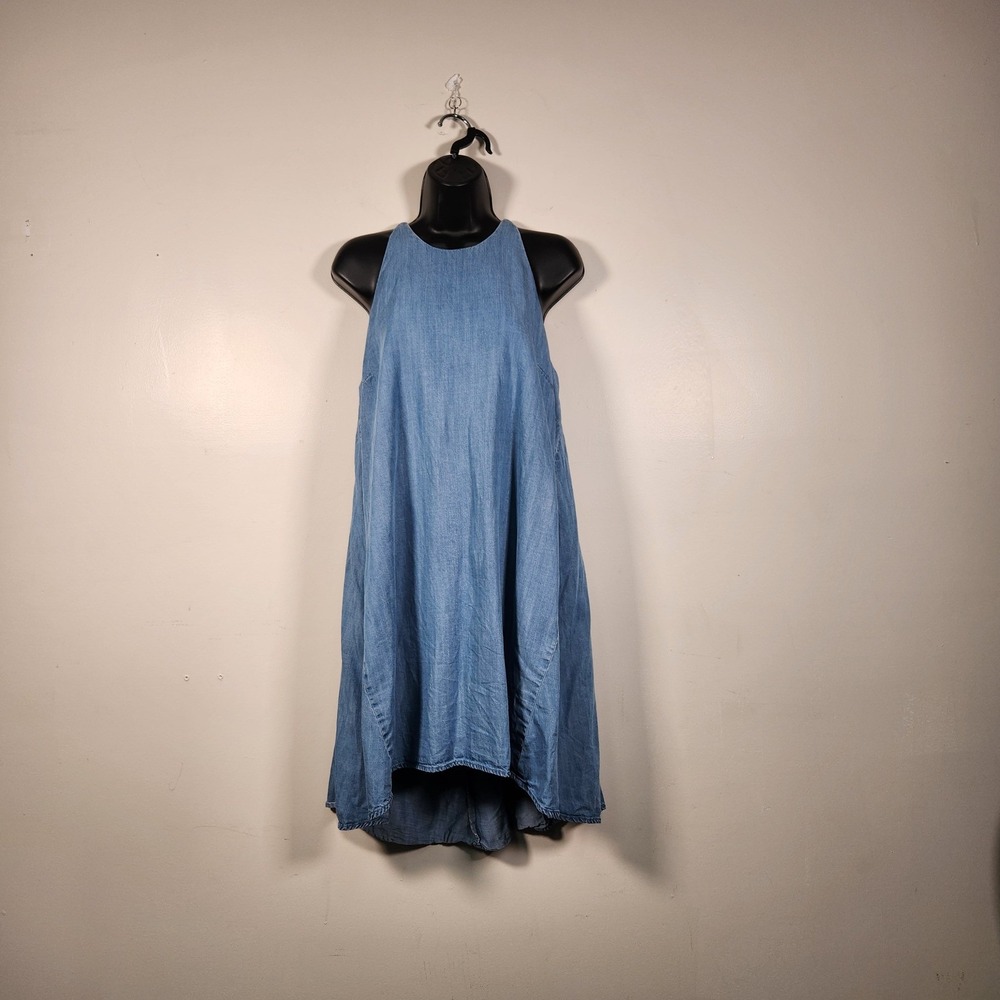 MOSSIMO Chambray Dress M Blue High Low Halter Neck Tie Back Coastal Cowgirl Boho